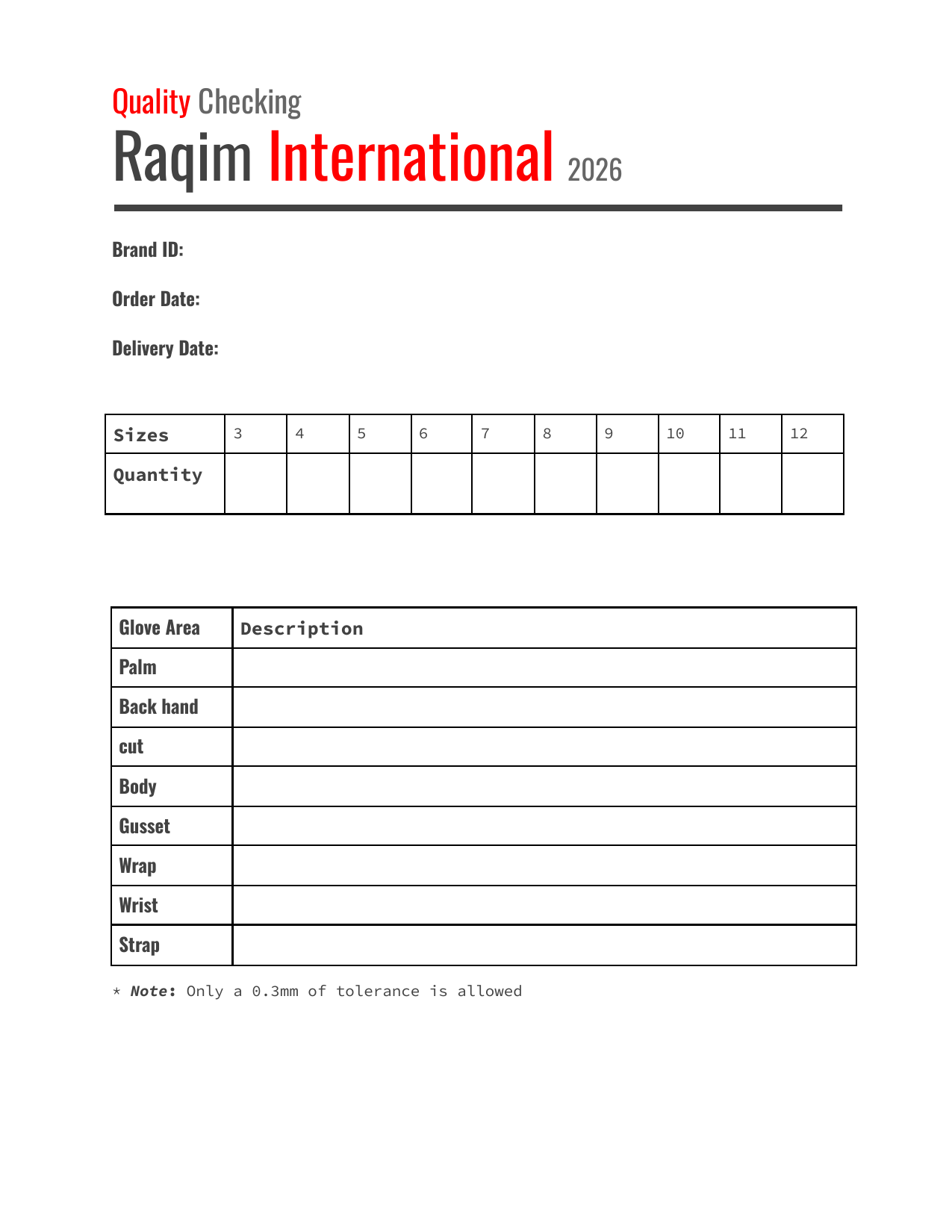 Preview of the Raqim International quality-control checklist showing order, sizing and glove construction fields